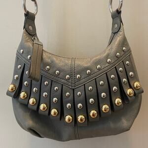 B. Makowsky Y2K Studded Leather Hobo Bag | Gray Pebbled Leather, Bold Hardware